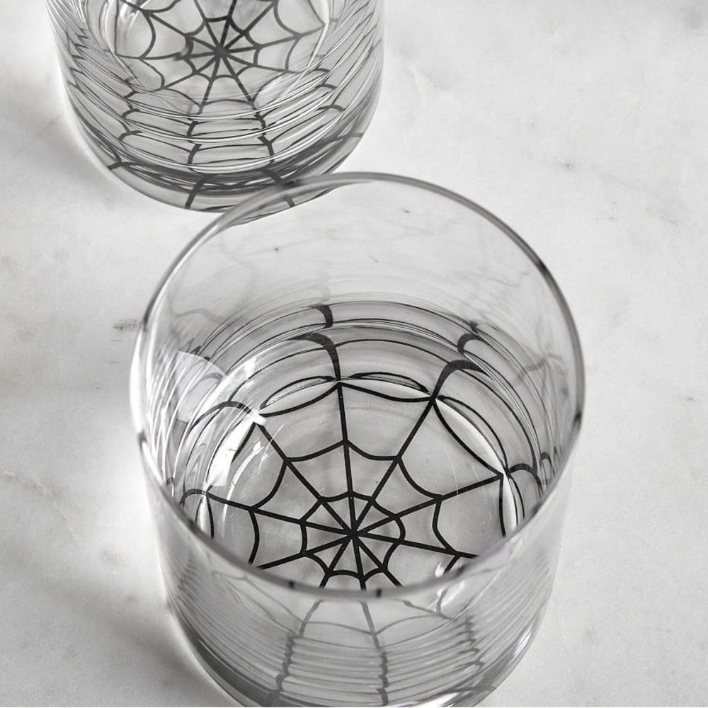 Pottery Barn Spider Web Handcrafted Doible Old Fashioned Cocktail Glasses - 4🕸